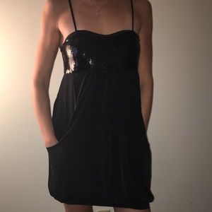 Black dress, sequin bust, pockets